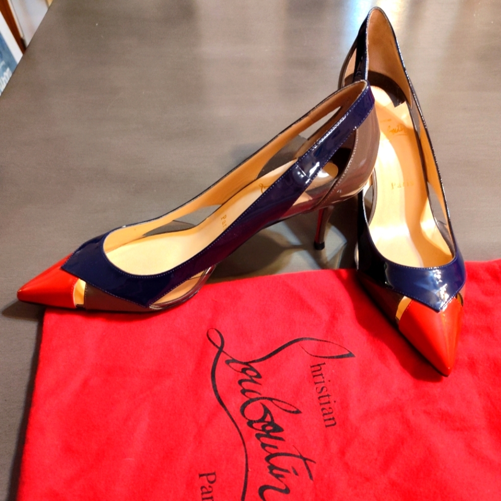 Christian Louboutin Red bottoms kitten heels red blue gold detail size 41 US 11